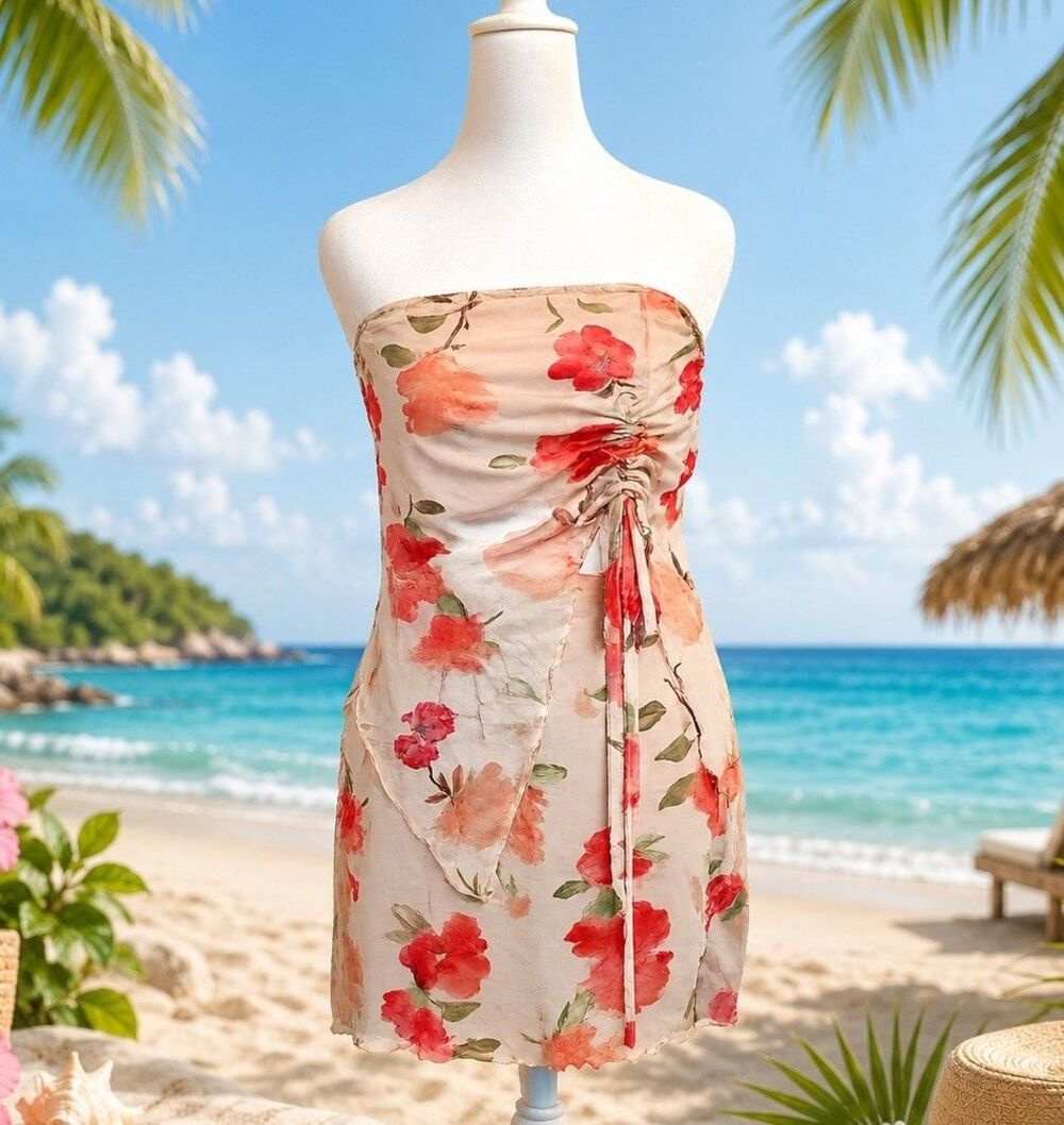 Floral Strapless Top & Mini Skirt Set Tropical Beach Vacation Cruise Resort Boho